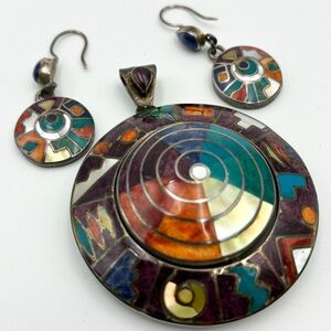 Peruvian Hand Made Silver Imbedded Colorful Geometric Pendant and Earrings Set